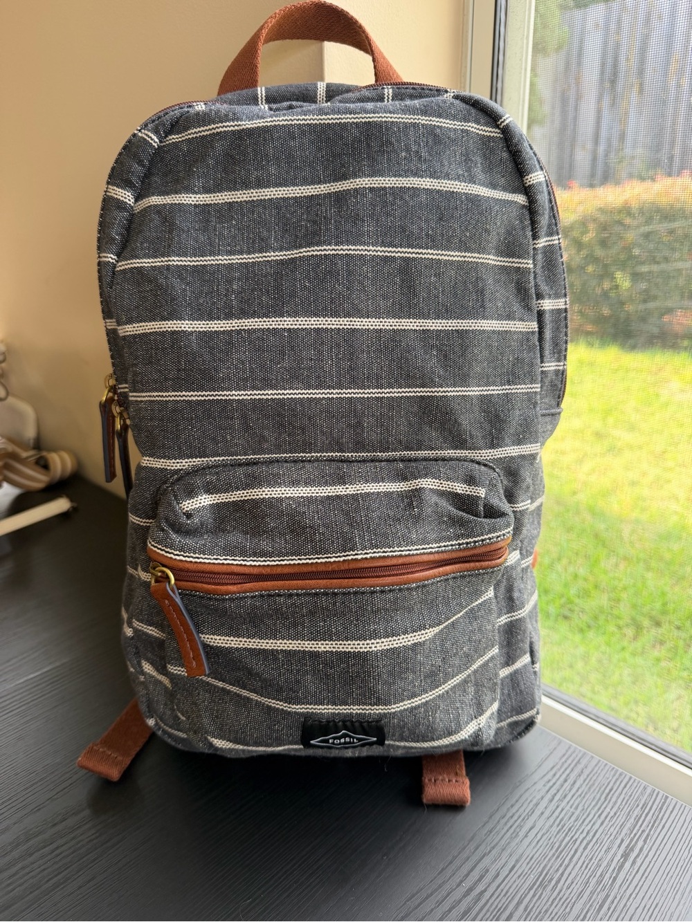 Fossil - Phoebe Gray Striped Canvas Backpack Brown Trim
